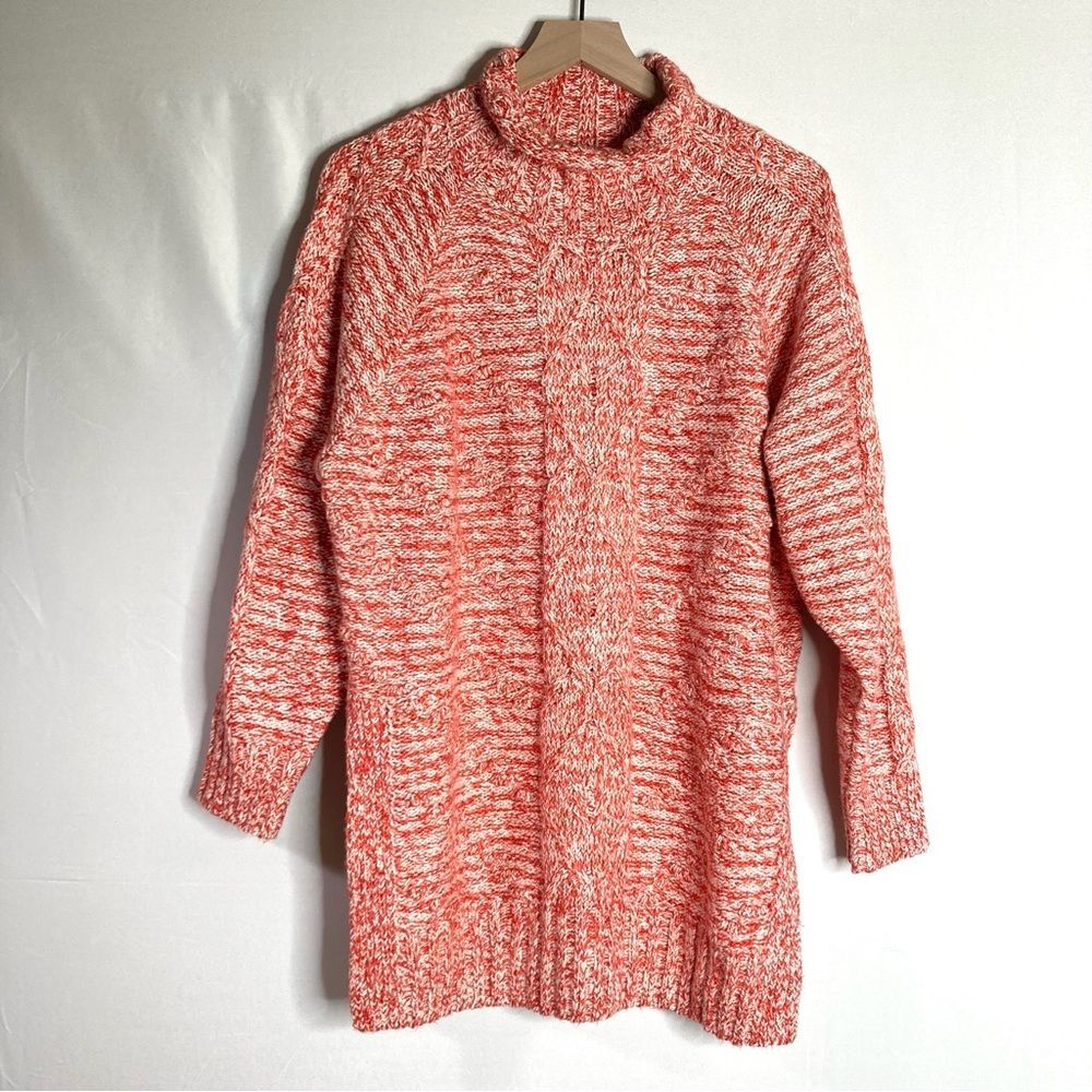 Lucky Brand Tunic Knit Sweater Red Orange White Large High Mock Neck Oversized